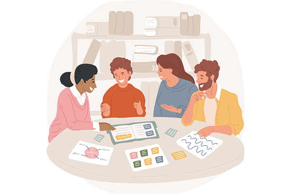 Illustration of four people sitting around a table with documents