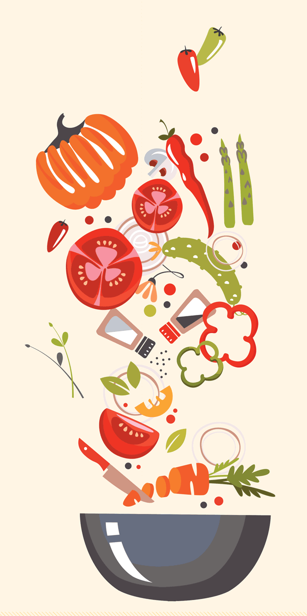 illustration of ingredients falling into a bowl