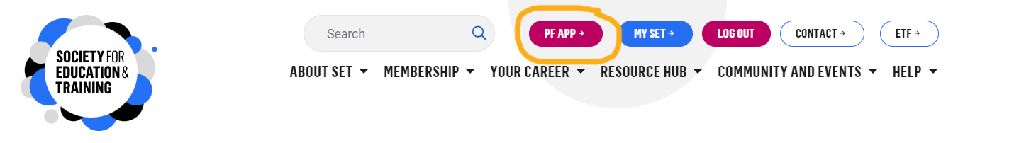 Location of PF APP button on SET website